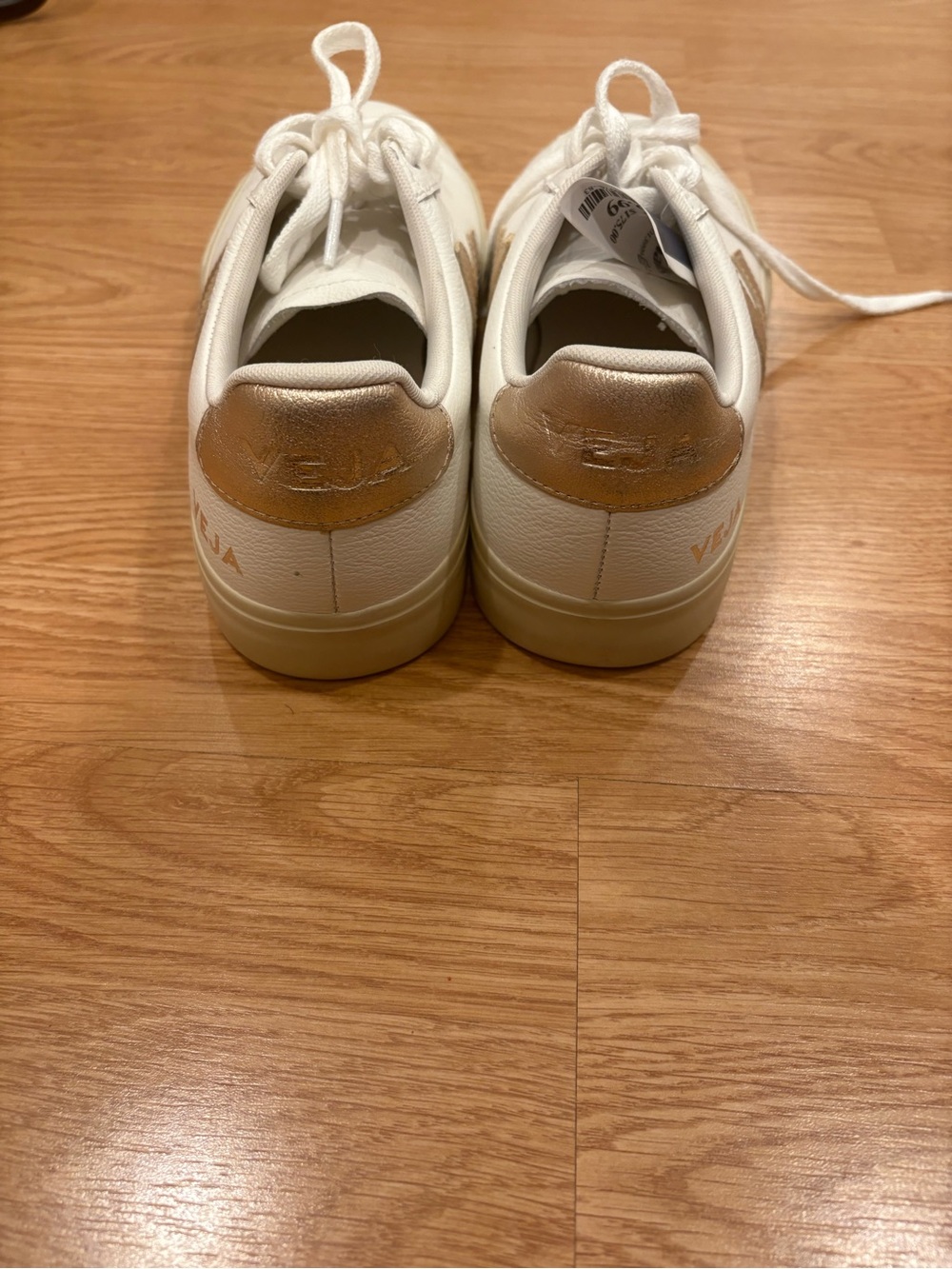 Veja White Leather Low-Top Sneakers with Gold V Accent - Picture 4 of 6